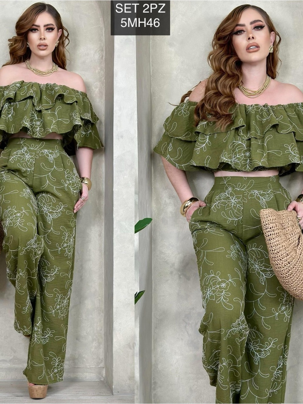 Olive Green Floral Off-Shoulder Wide-Leg Two-Piece Set